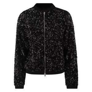 Herno Sequin Bomber Jacket Black Zip Front Italy Crop Luxe Size 40 US Med NWOT